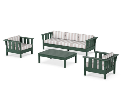 Martha Stewart by POLYWOOD® Acadia 4-Piece Deep Seating Set with Sofa in Green / Cabana Stripe Dune Burlap