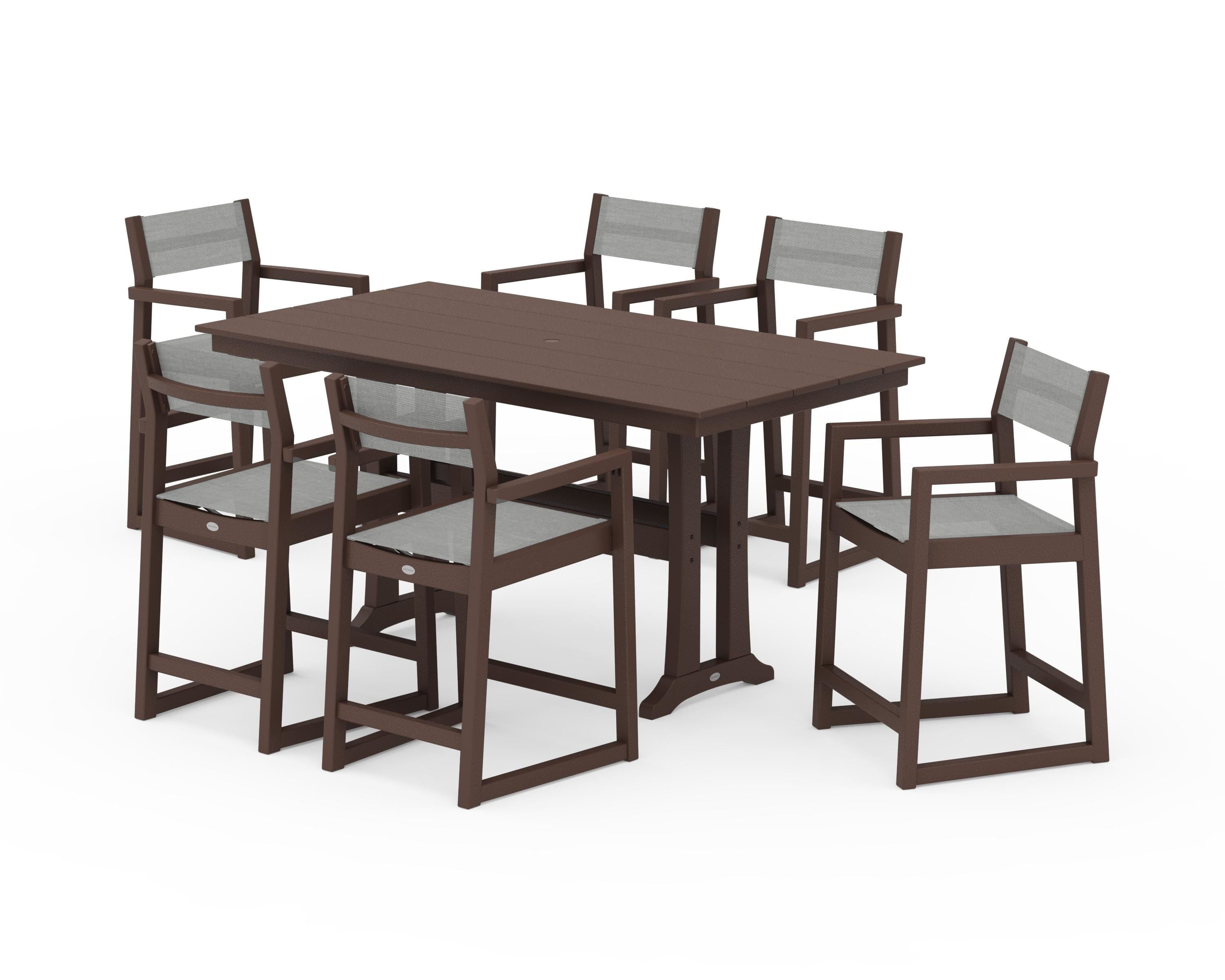 POLYWOOD® EDGE Sling Arm Chair 7-Piece Farmhouse Counter Set with Trestle Legs in Mahogany / Metallic Sling