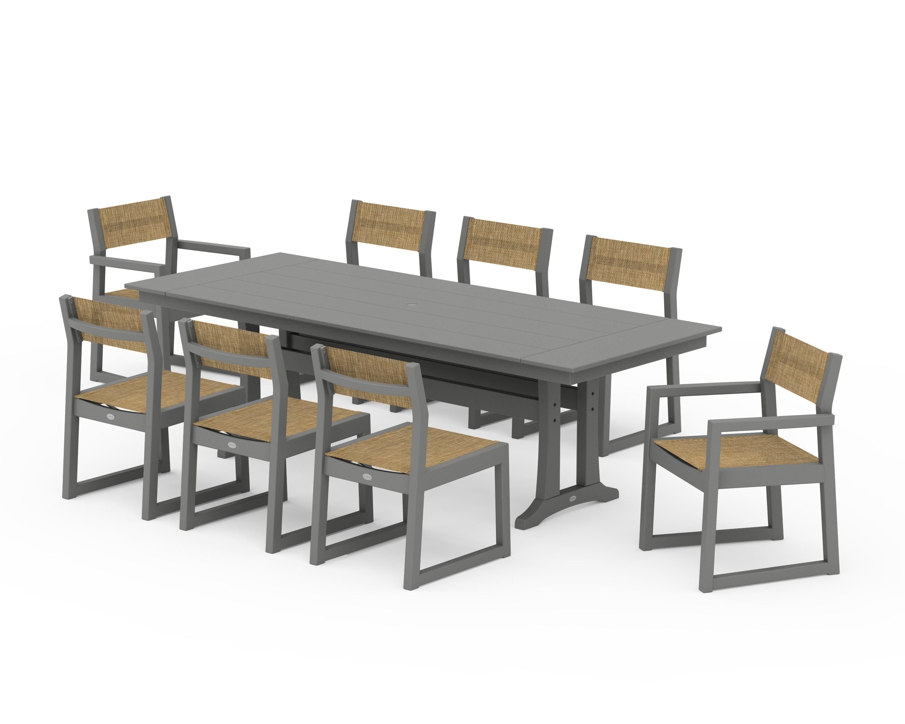 POLYWOOD® EDGE Sling 9-Piece Farmhouse Trestle Dining Set in Slate Grey / Burlap Sling