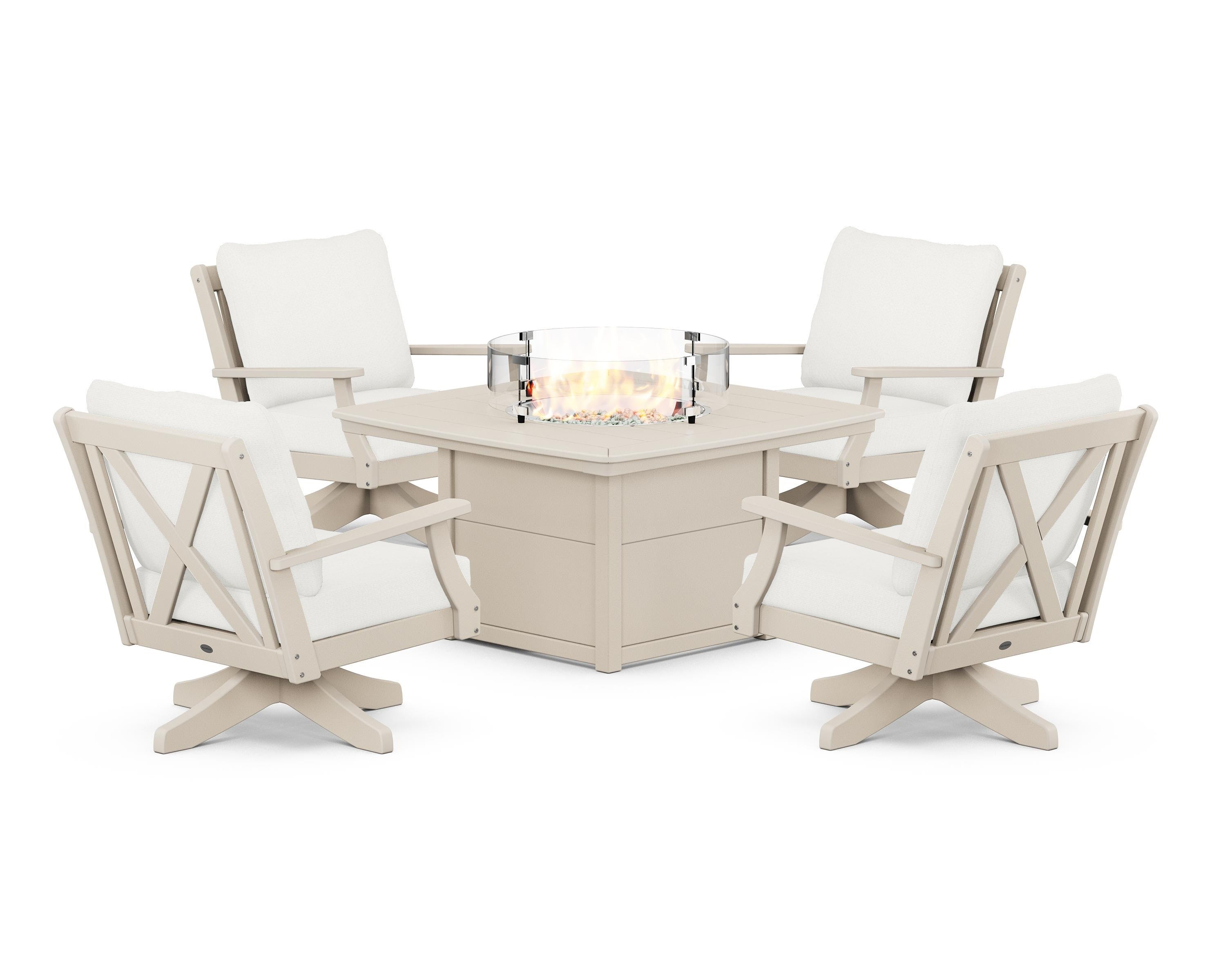 POLYWOOD® Braxton 5-Piece Deep Seating Swivel Conversation Set with Fire Pit Table in Sand / Natural Linen