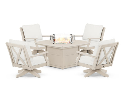 POLYWOOD® Braxton 5-Piece Deep Seating Swivel Conversation Set with Fire Pit Table in Sand / Natural Linen