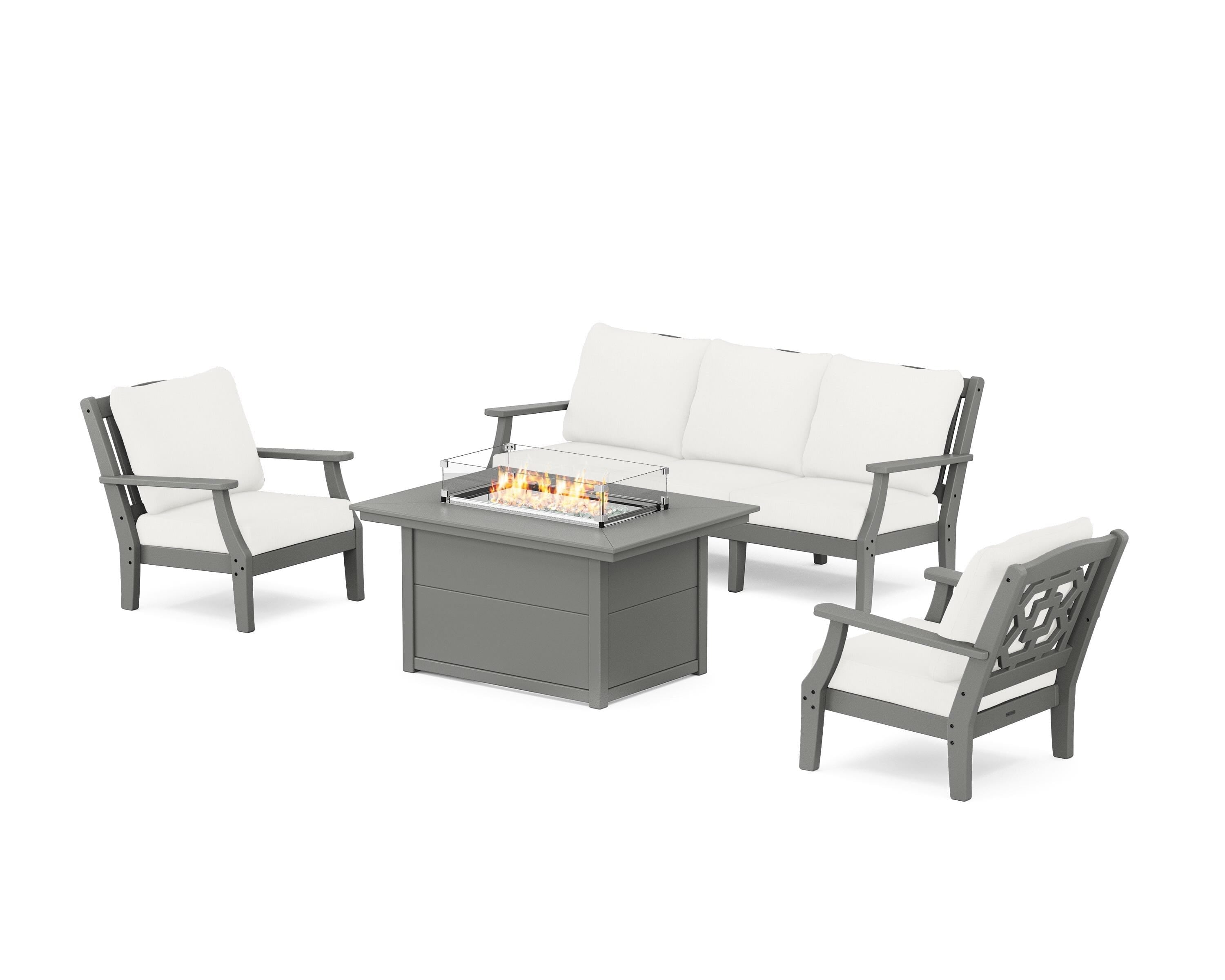 Martha Stewart by POLYWOOD® Chinoiserie Deep Seating Fire Pit Table Set in Slate Grey / Natural Linen