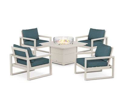 POLYWOOD® EDGE Sectional 5-Piece Deep Seating Set with Fire Pit Table in Sand / Ocean Teal