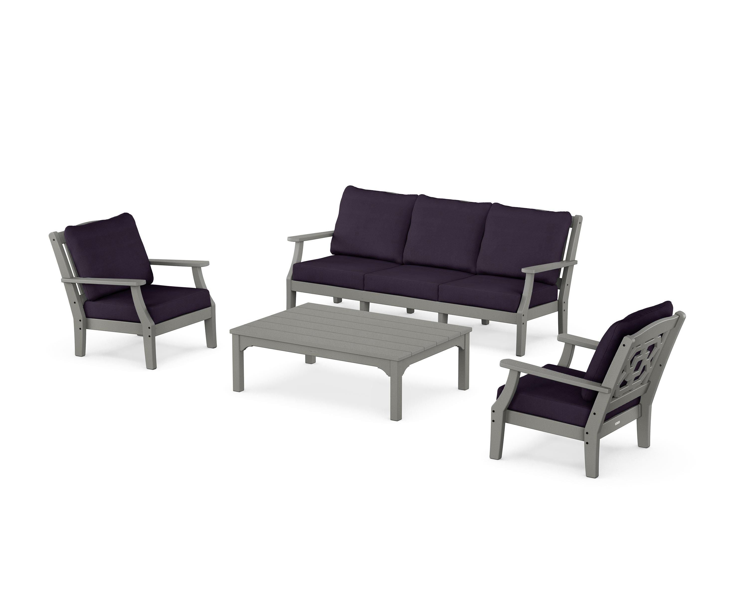 Martha Stewart by POLYWOOD® Chinoiserie 4-Piece Deep Seating Set with Sofa in Slate Grey / Navy Linen