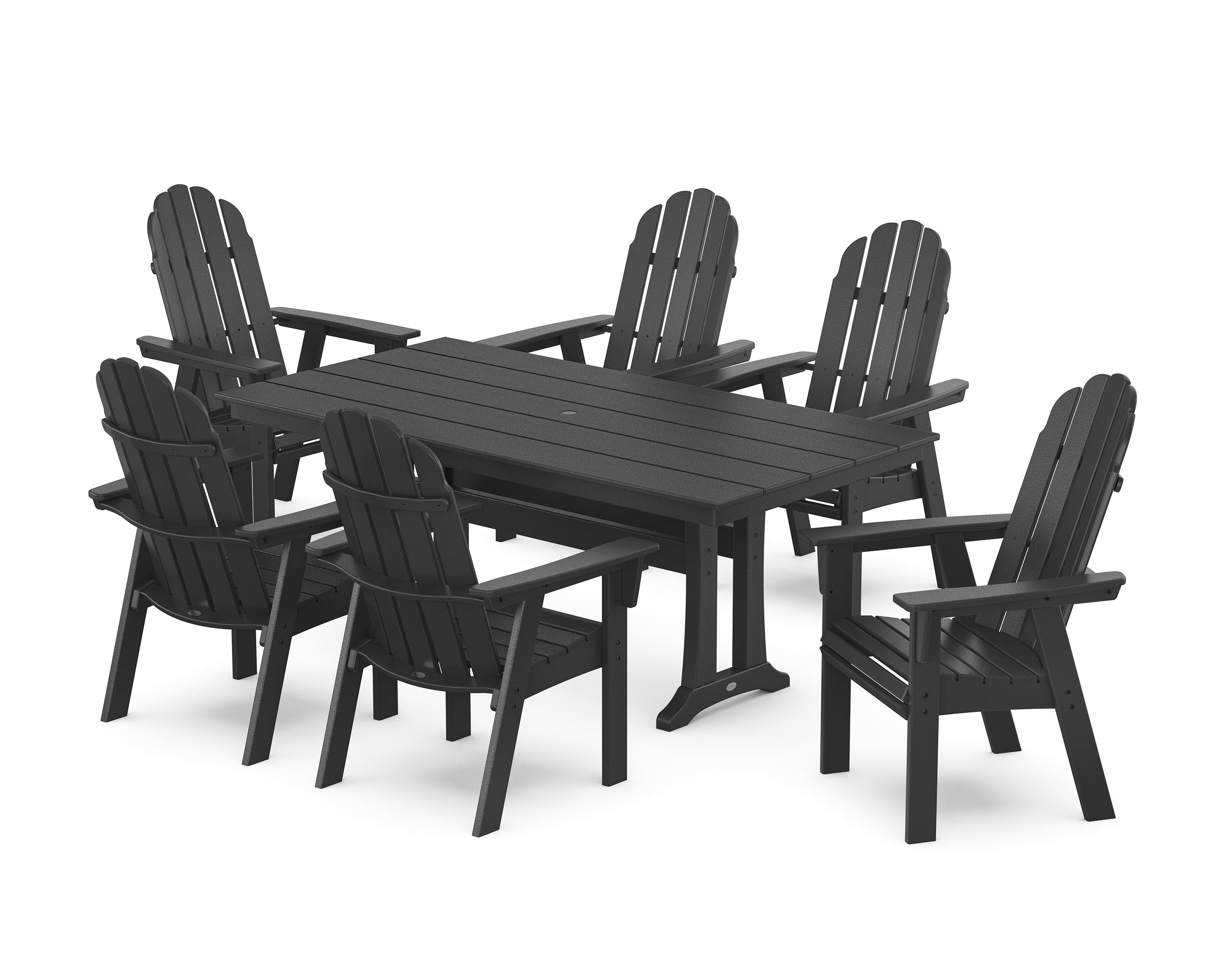 POLYWOOD® Vineyard Curveback Adirondack Chair 7-Piece Farmhouse Dining Set with Trestle Legs in Black