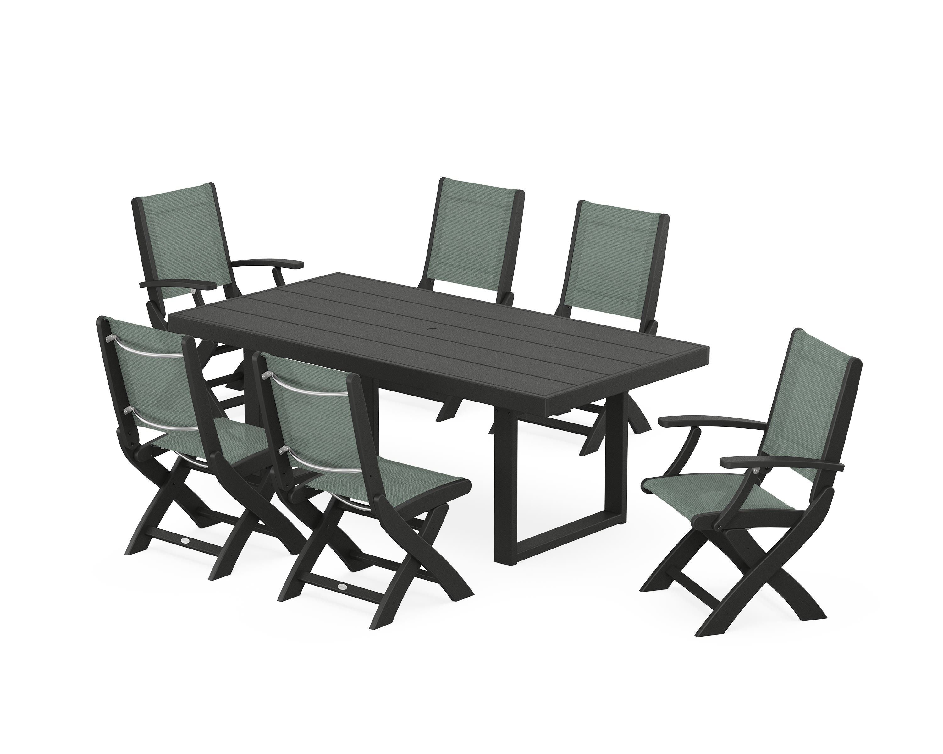 POLYWOOD® Coastal Folding Chair 7-Piece Dining Set with Trestle Legs in Black / Dupioni Sea Mist Sling