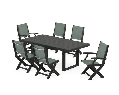 POLYWOOD® Coastal Folding Chair 7-Piece Dining Set with Trestle Legs in Black / Dupioni Sea Mist Sling