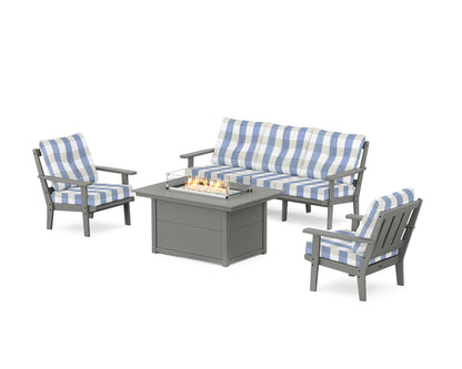 POLYWOOD® Oxford Deep Seating Fire Pit Table Set in Slate Grey / Buffalo Plaid Sky Blue