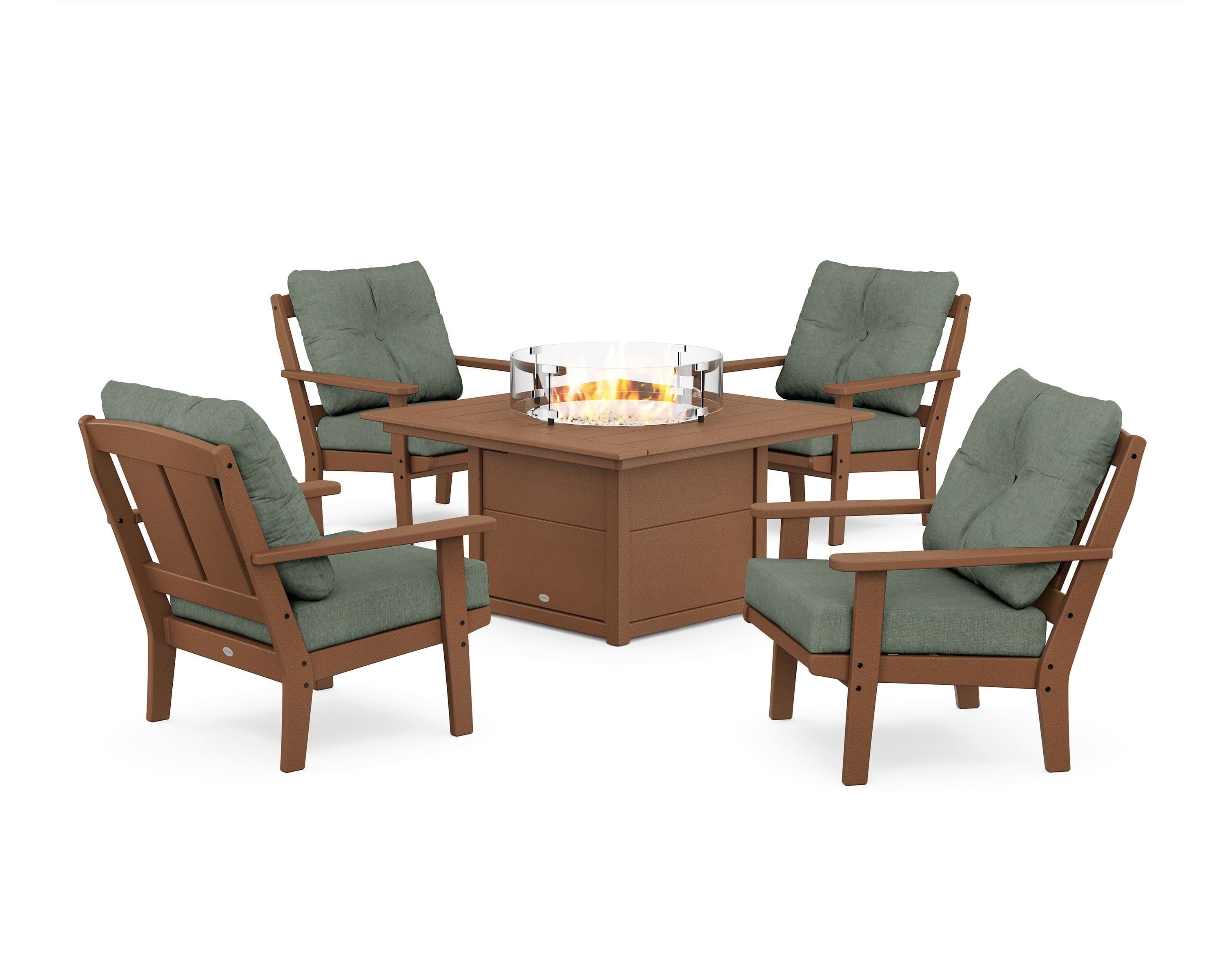 POLYWOOD® Mission 5-Piece Deep Seating Set with Fire Pit Table in Teak / Cast Sage