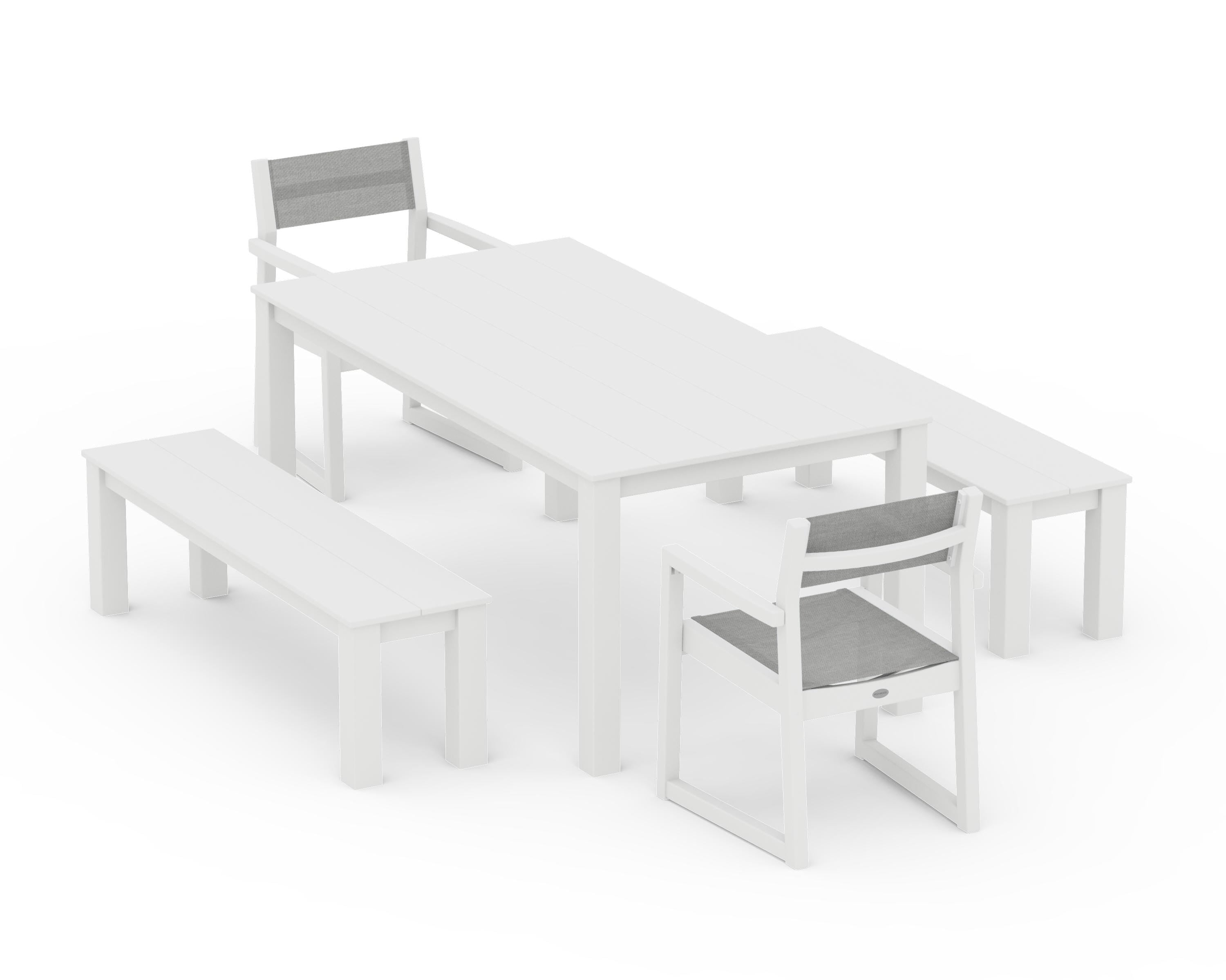 POLYWOOD® EDGE Sling Arm Chair 5-Piece Parsons Dining Set with Benches in White / Metallic Sling