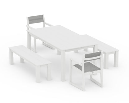 POLYWOOD® EDGE Sling Arm Chair 5-Piece Parsons Dining Set with Benches in White / Metallic Sling