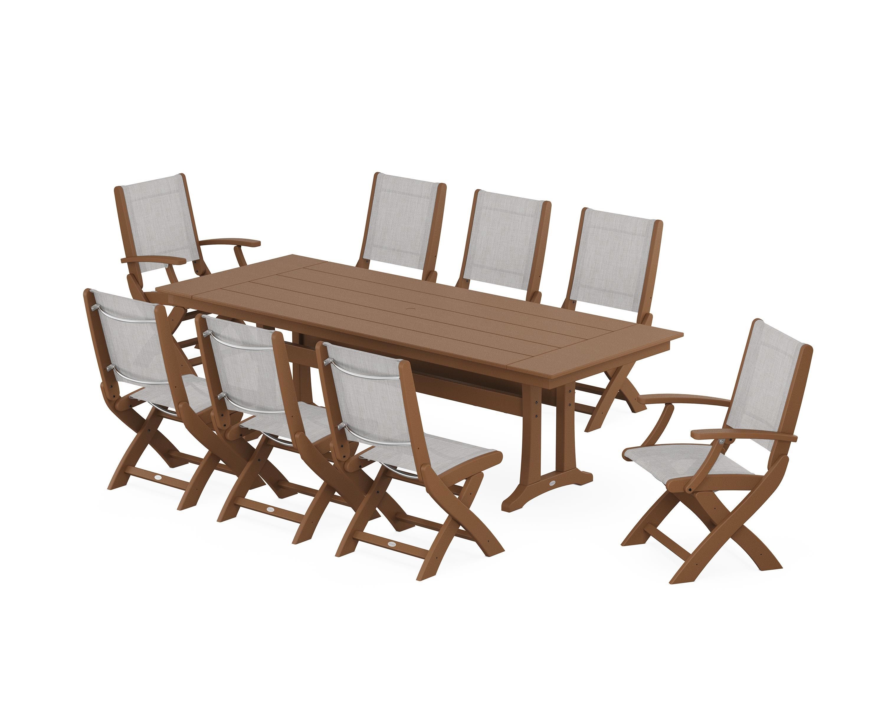 POLYWOOD® Coastal 9-Piece Folding Dining Chair Farmhouse Dining Set with Trestle Legs in Teak / Parchment Sling