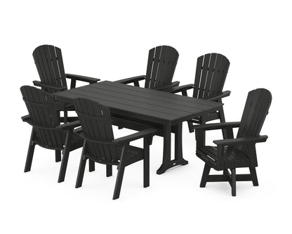 POLYWOOD® Nautical Curveback Adirondack Swivel Chair 7-Piece Farmhouse Dining Set With Trestle Legs in Black