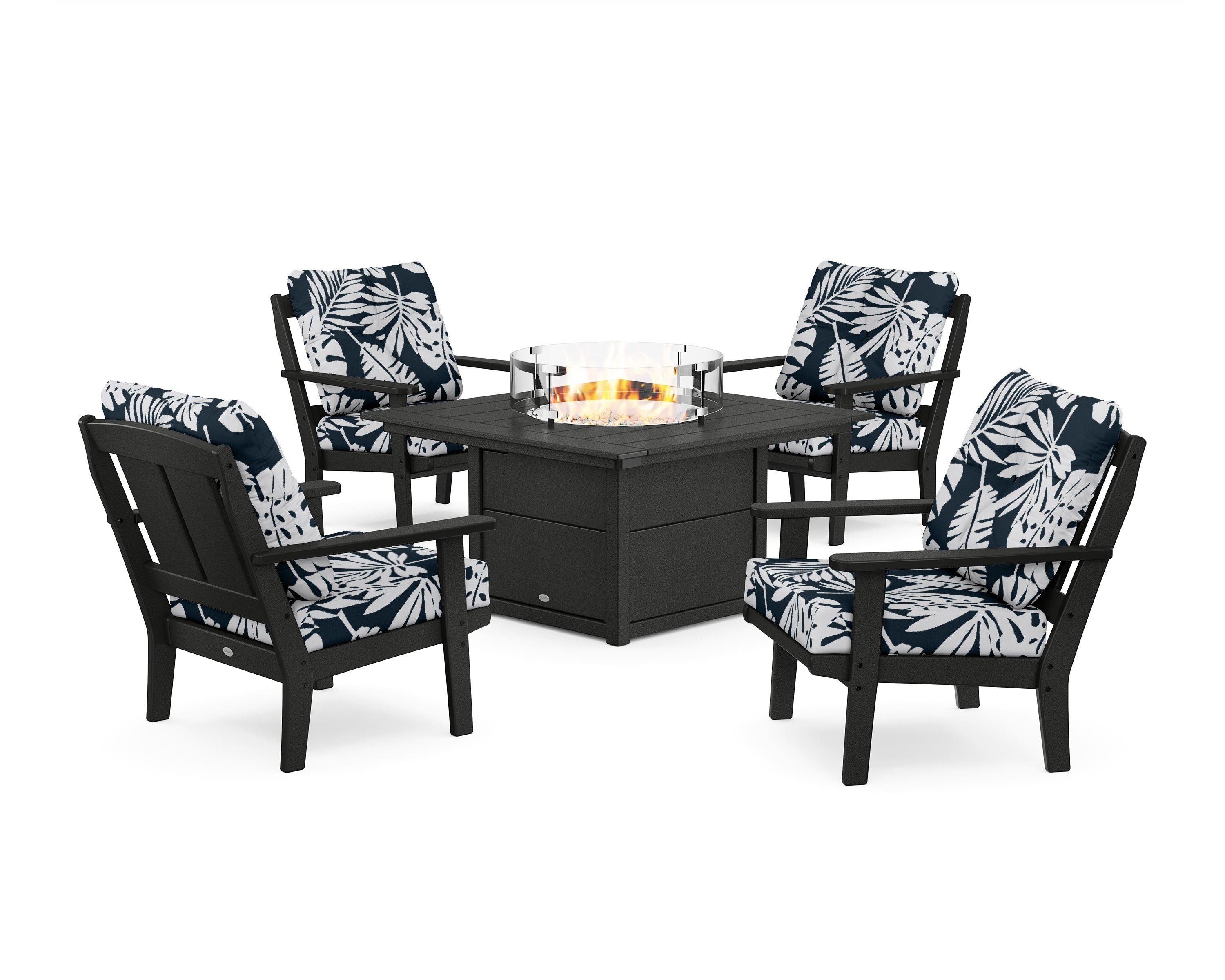 POLYWOOD® Mission 5-Piece Deep Seating Set with Fire Pit Table in Black / Leaf Marine Indigo