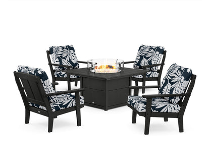 POLYWOOD® Mission 5-Piece Deep Seating Set with Fire Pit Table in Black / Leaf Marine Indigo