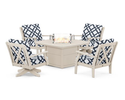 POLYWOOD® Braxton 5-Piece Deep Seating Set with Fire Table in Sand / Trellis Marine Indigo