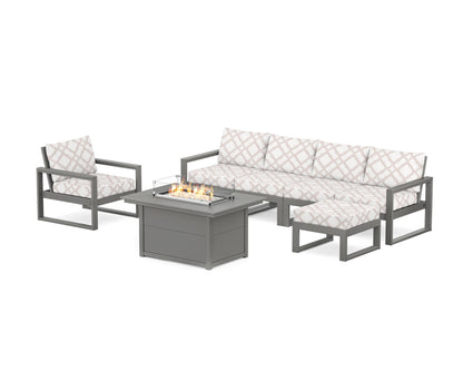 POLYWOOD® EDGE Sectional Lounge and Fire Pit Set in Slate Grey / Trellis Dune Burlap