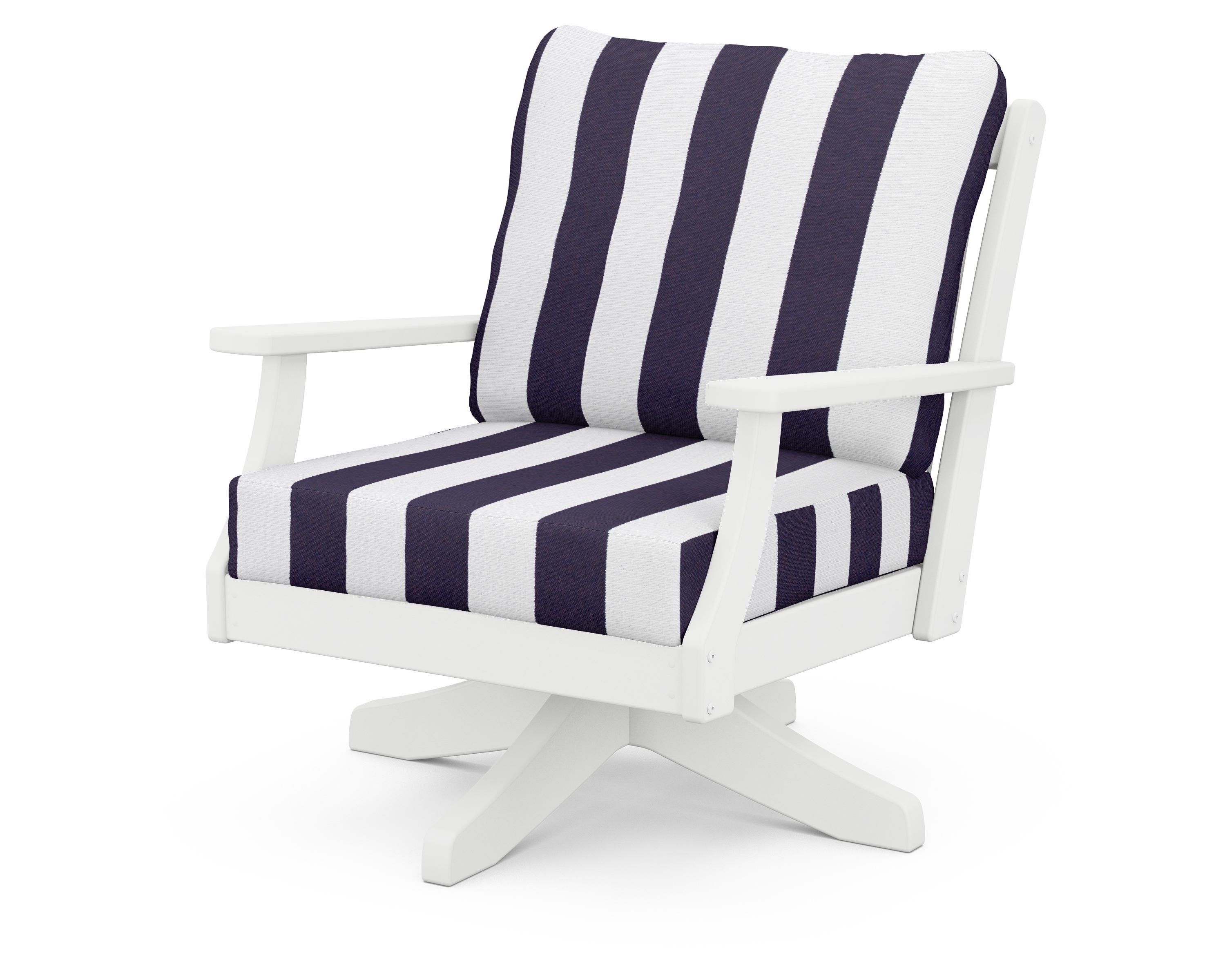POLYWOOD® Braxton Deep Seating Swivel Chair in White / Cabana Stripe Navy