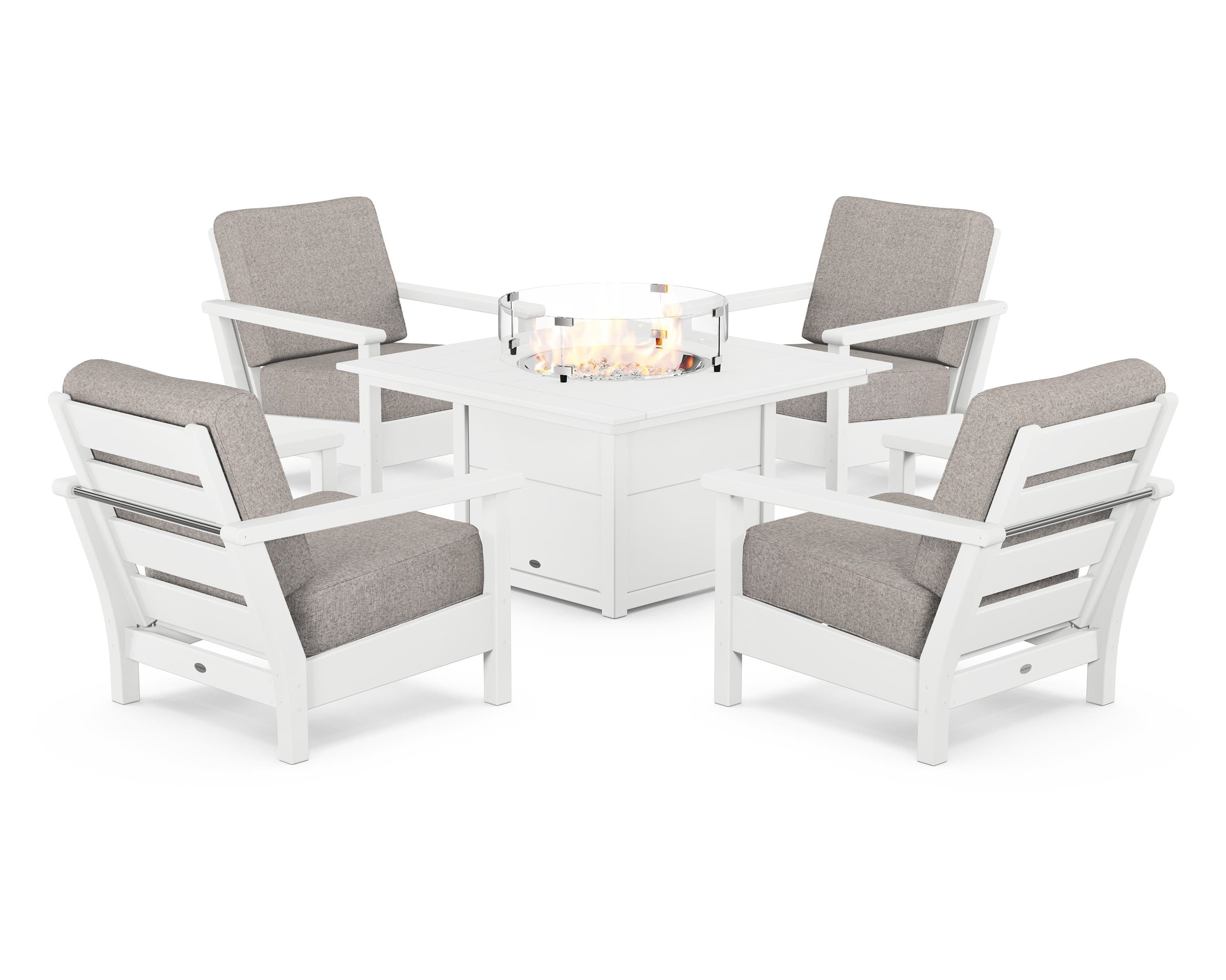 POLYWOOD® Harbour 5-Piece Conversation Set with Fire Pit Table in White / Weathered Tweed