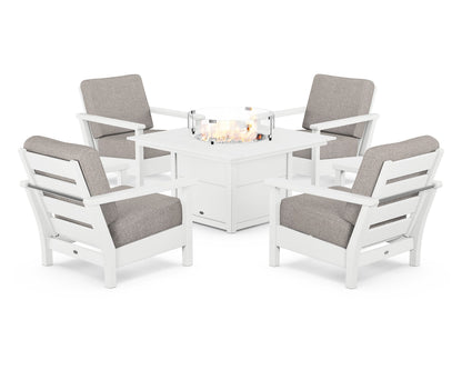 POLYWOOD® Harbour 5-Piece Conversation Set with Fire Pit Table in White / Weathered Tweed