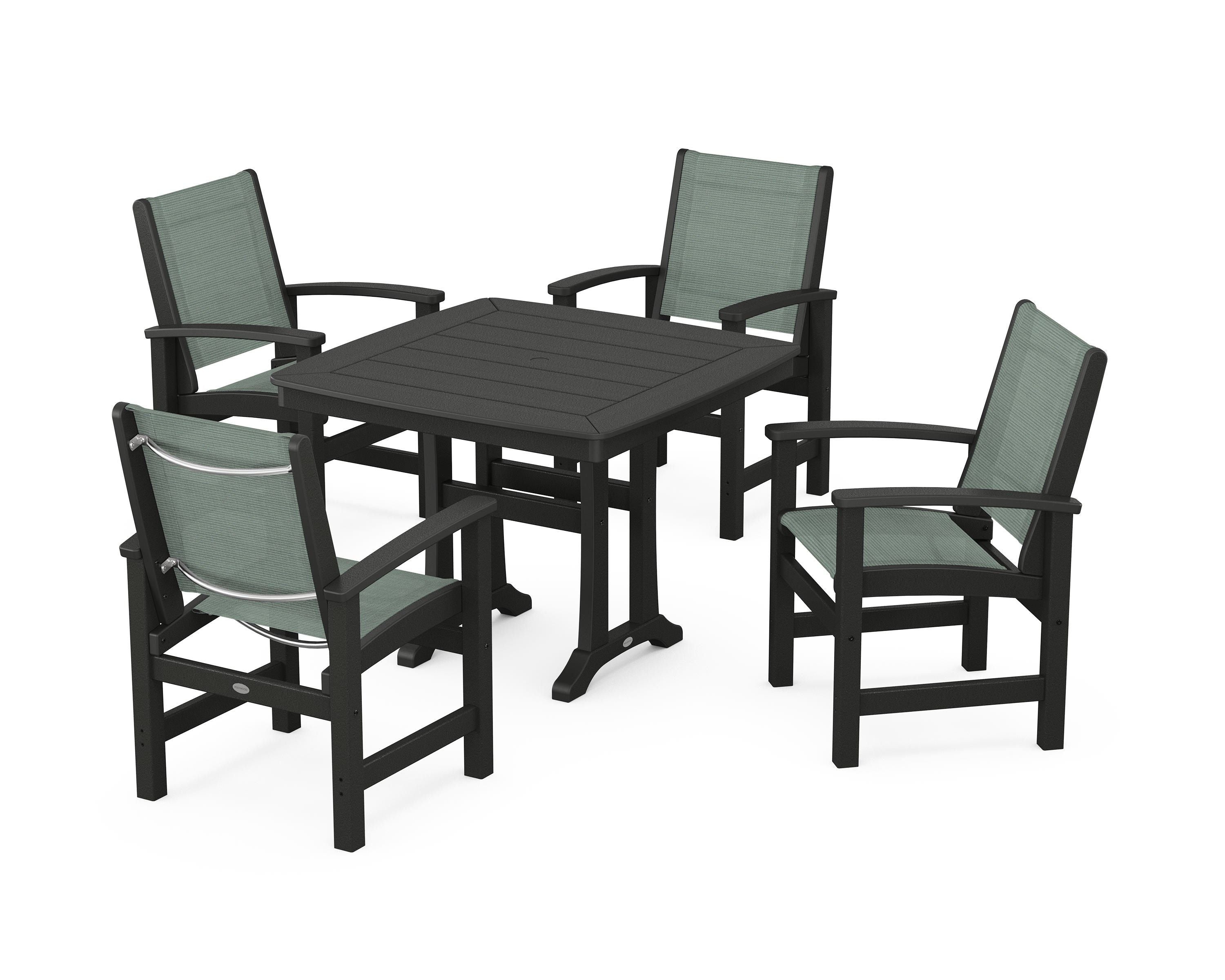 POLYWOOD® Coastal 5-Piece Dining Set with Trestle Legs in Black / Dupioni Sea Mist Sling