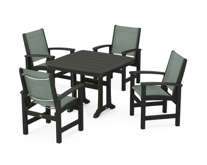 POLYWOOD® Coastal 5-Piece Dining Set with Trestle Legs in Black / Dupioni Sea Mist Sling