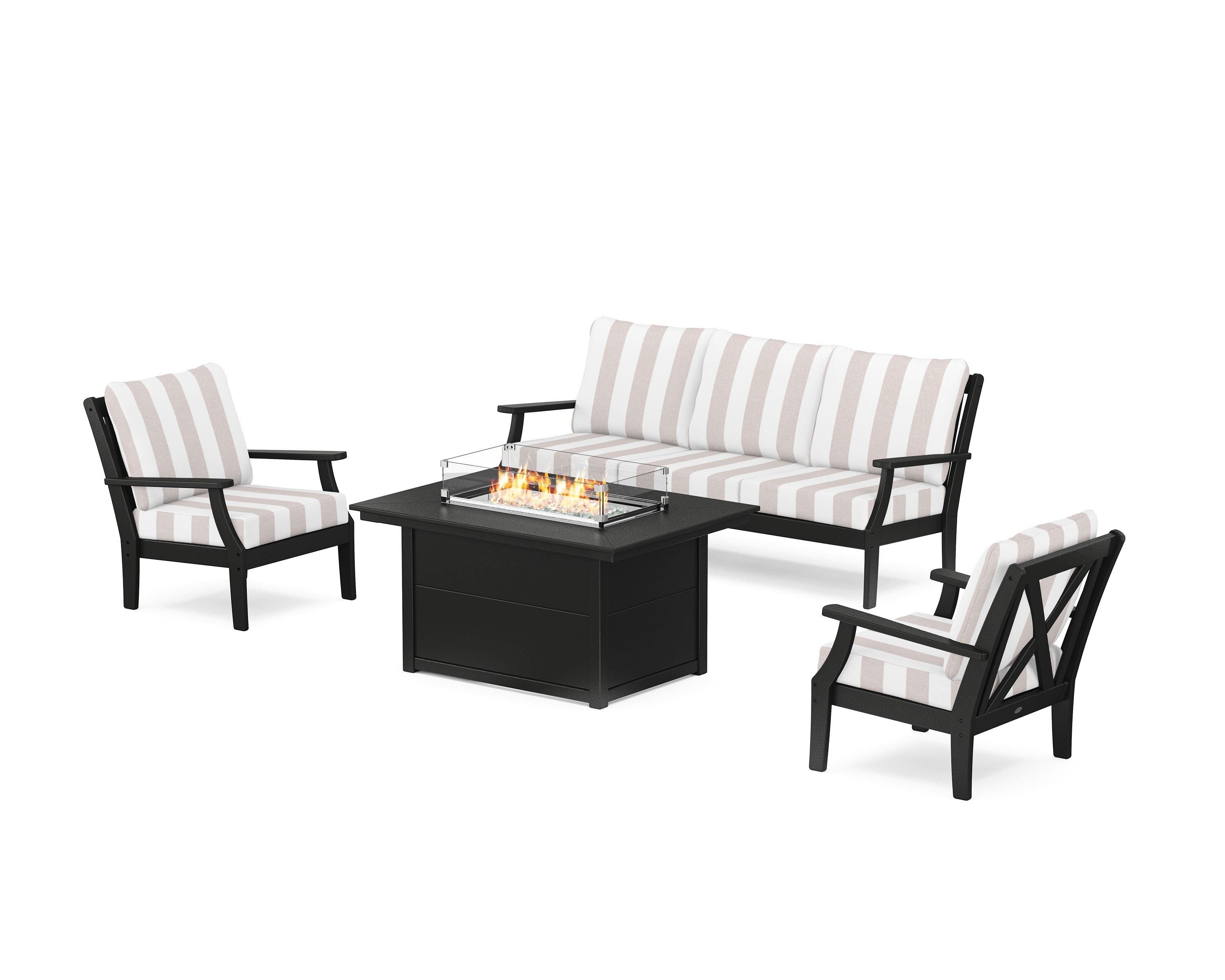 POLYWOOD® Braxton Deep Seating Fire Pit Table Set in Black / Cabana Stripe Dune Burlap