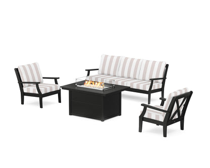 POLYWOOD® Braxton Deep Seating Fire Pit Table Set in Black / Cabana Stripe Dune Burlap