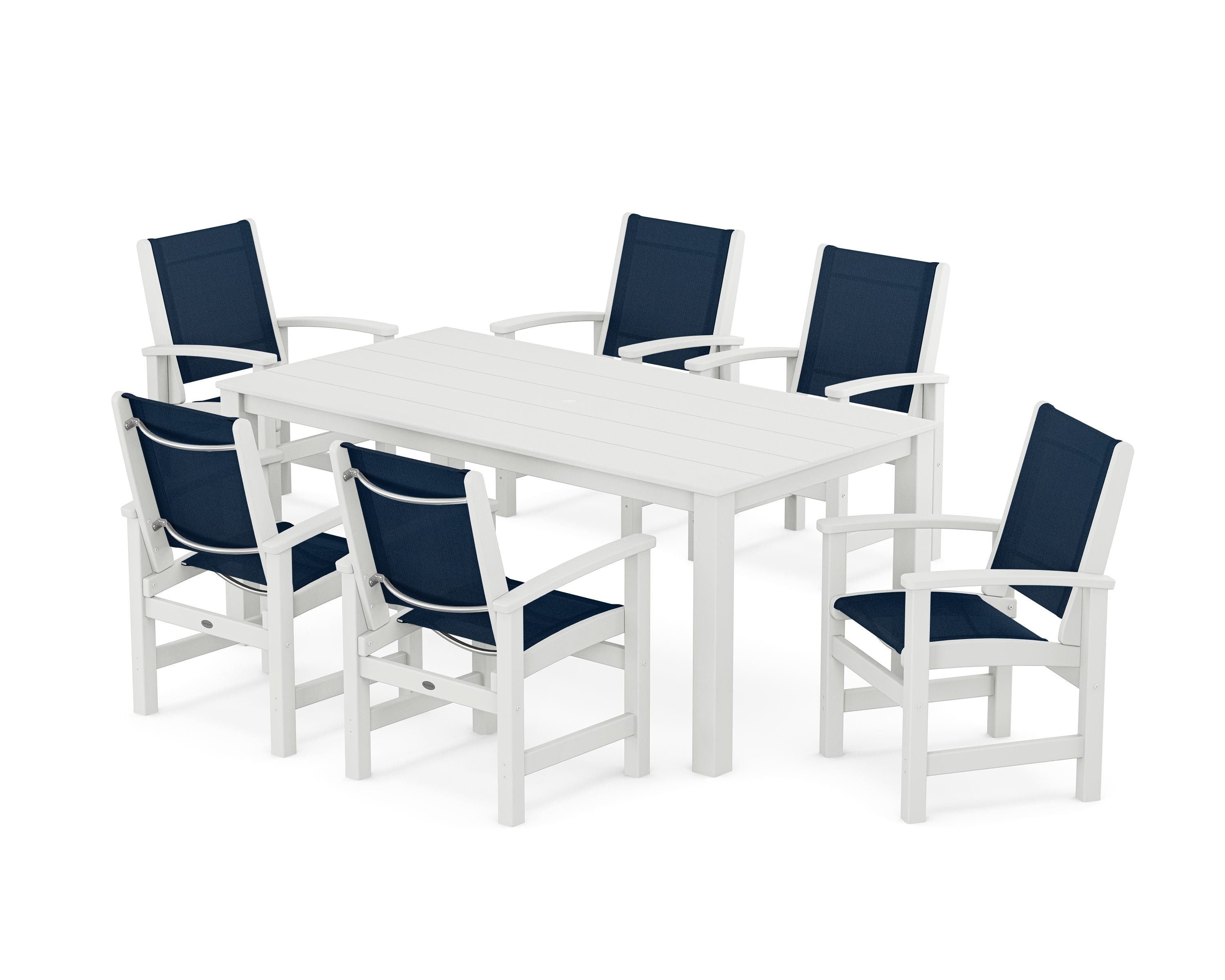 POLYWOOD® Coastal 7-Piece Parsons Dining Set in White / Navy Blue Sling