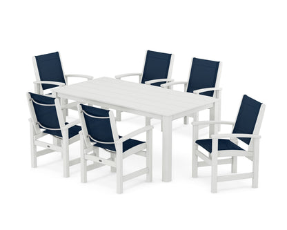 POLYWOOD® Coastal 7-Piece Parsons Dining Set in White / Navy Blue Sling