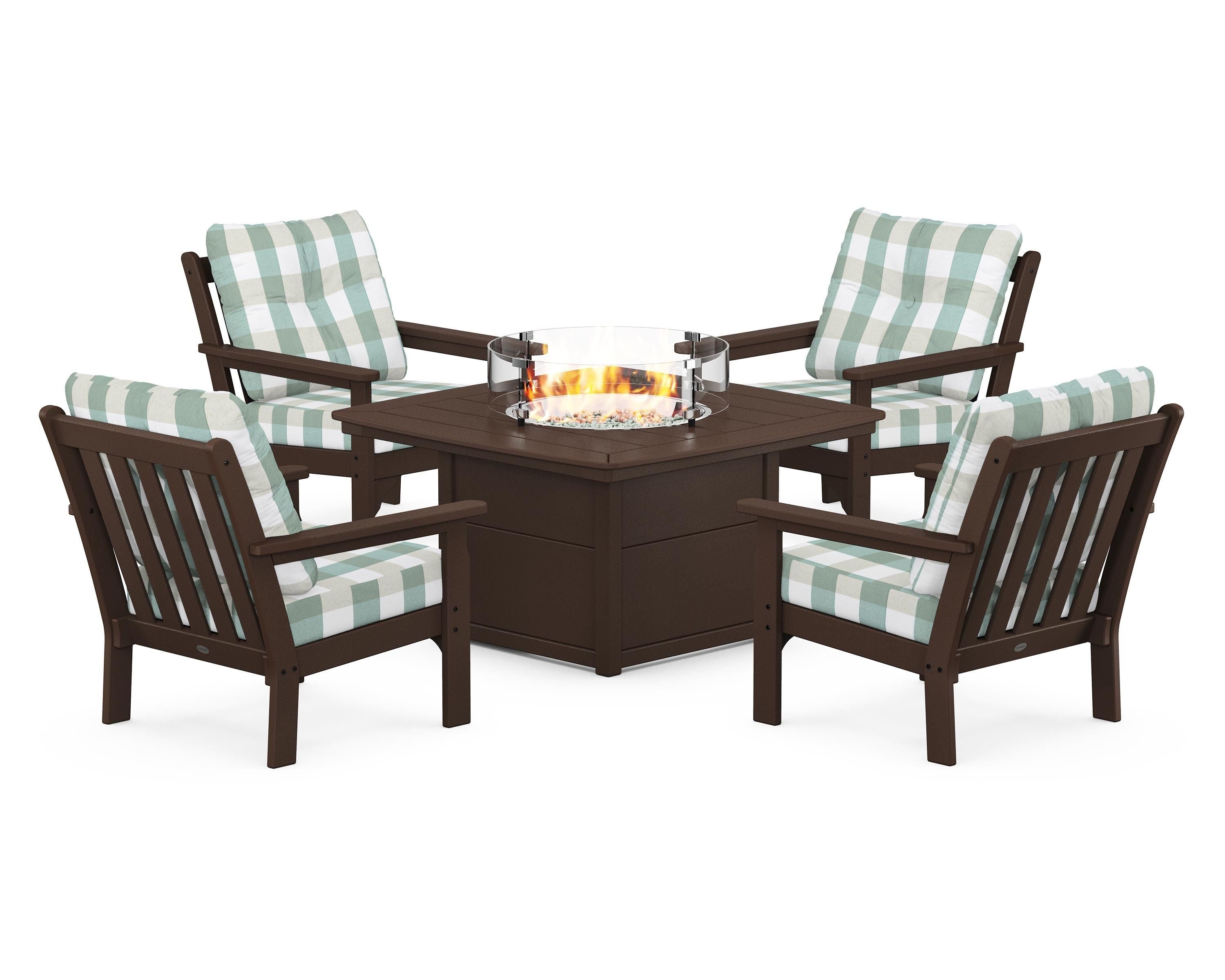 POLYWOOD® Vineyard 5-Piece Conversation Set with Fire Pit Table in Mahogany / Buffalo Plaid Glacier Spa
