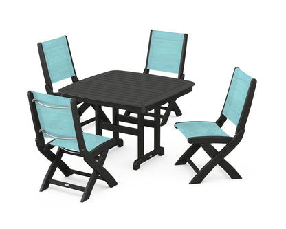 POLYWOOD® Coastal Folding Side Chair 5-Piece Dining Set in Black / Dupioni Aquamarine Sling