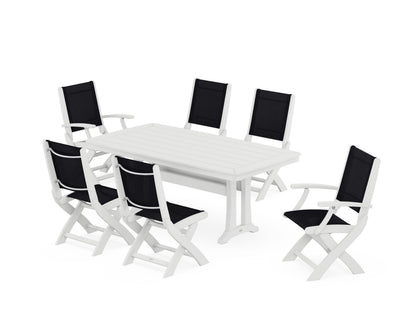 POLYWOOD® Coastal Folding Chair 7-Piece Dining Set with Trestle Legs in White / Black Sling