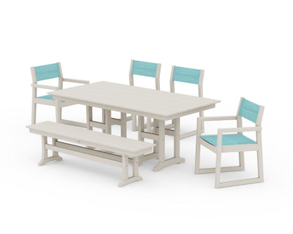 POLYWOOD® EDGE Sling 6-Piece Farmhouse Dining Set in Sand / Dupioni Aquamarine Sling