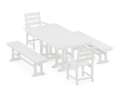 POLYWOOD® Lakeside 5-Piece Farmhouse Dining Set with Benches in White