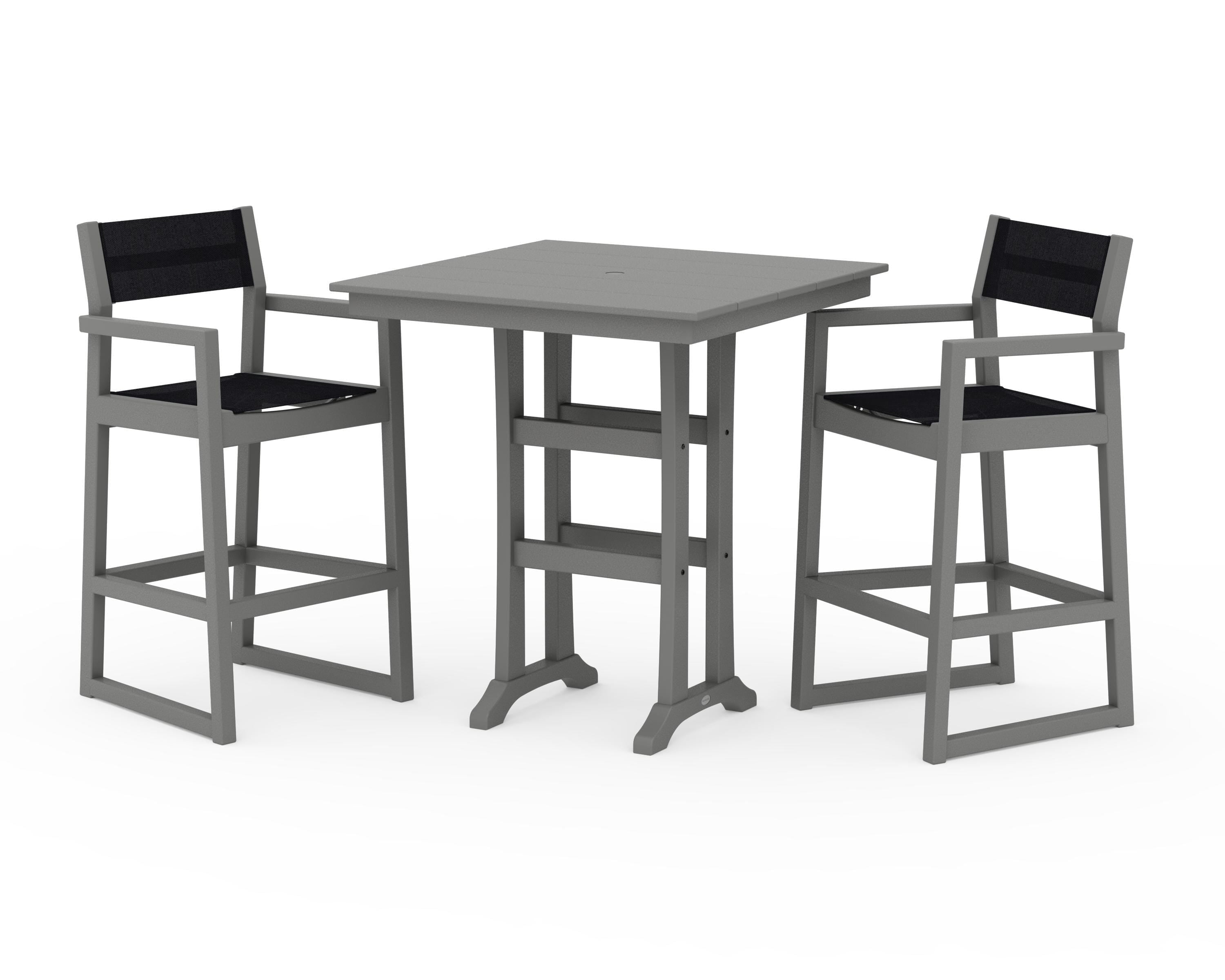 POLYWOOD® EDGE Sling Arm Chair 3-Piece Farmhouse Bar Set with Trestle Legs in Slate Grey / Black Sling