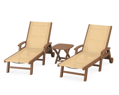 POLYWOOD® Coastal 3-Piece Wheeled Chaise Set in Teak / Dupioni Apricot Sling