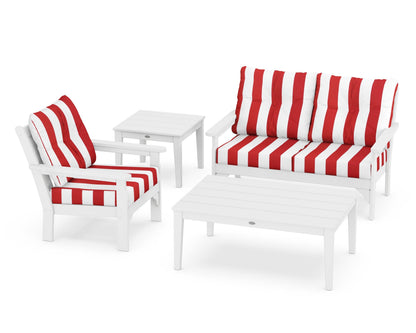 POLYWOOD® Vineyard 4-Piece Deep Seating Set in White / Cabana Stripe Crimson