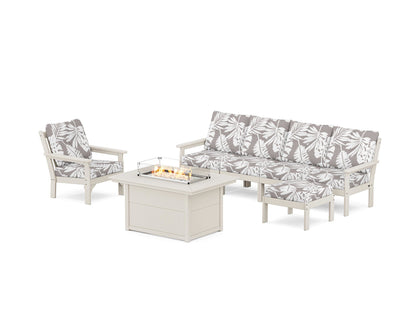 POLYWOOD® Vineyard Sectional Lounge and Fire Pit Set in Sand / Leaf Grey Mist