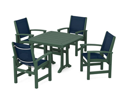 POLYWOOD® Coastal 5-Piece Dining Set with Trestle Legs in Green / Navy Blue Sling
