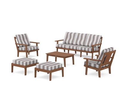 POLYWOOD® Prairie 6-Piece Lounge Sofa Set in Teak / Cabana Stripe Grey Mist