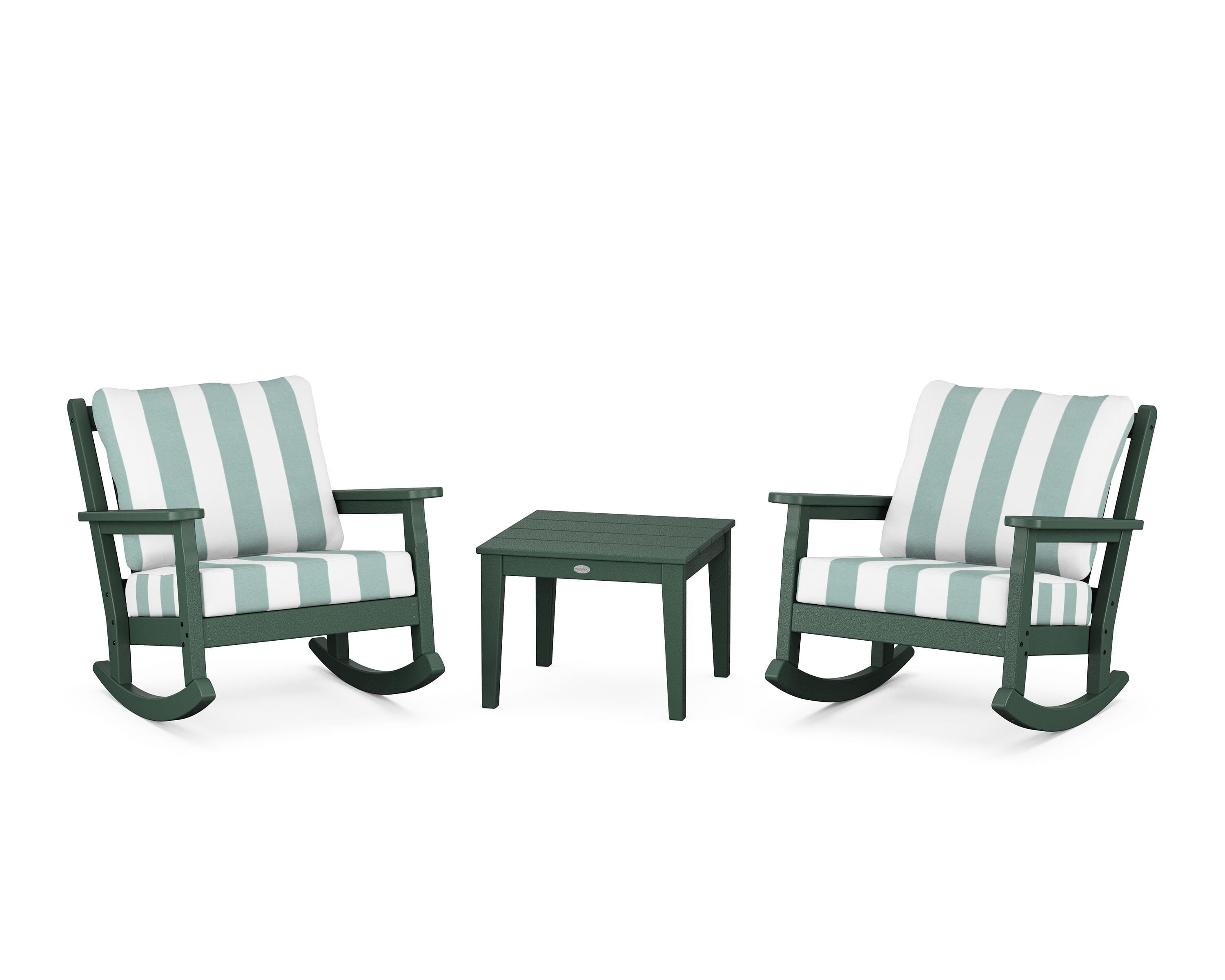 POLYWOOD® Chippendale 3-Piece Deep Seating Rocker Set in Green / Cabana Stripe Glacier Spa