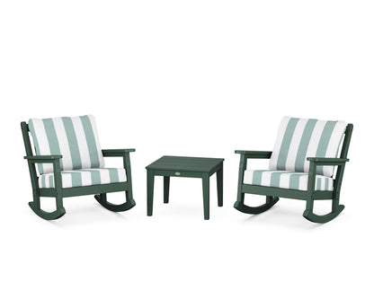 POLYWOOD® Chippendale 3-Piece Deep Seating Rocker Set in Green / Cabana Stripe Glacier Spa