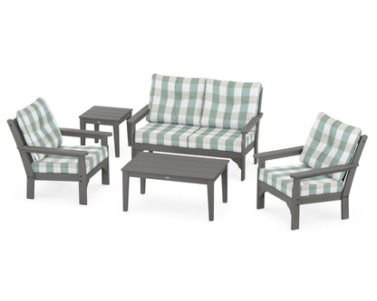POLYWOOD® Vineyard 5-Piece Deep Seating Set in Slate Grey / Buffalo Plaid Glacier Spa