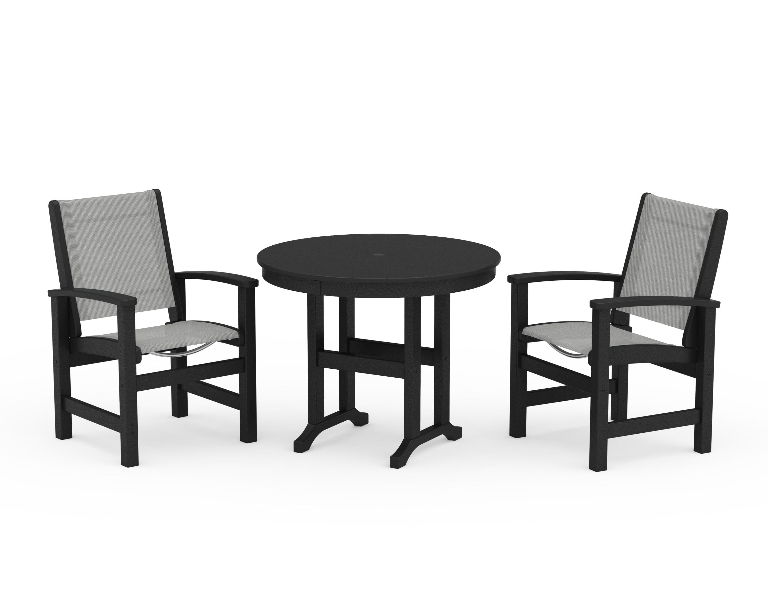 POLYWOOD® Coastal 3-Piece Round Dining Set in Black / Metallic Sling