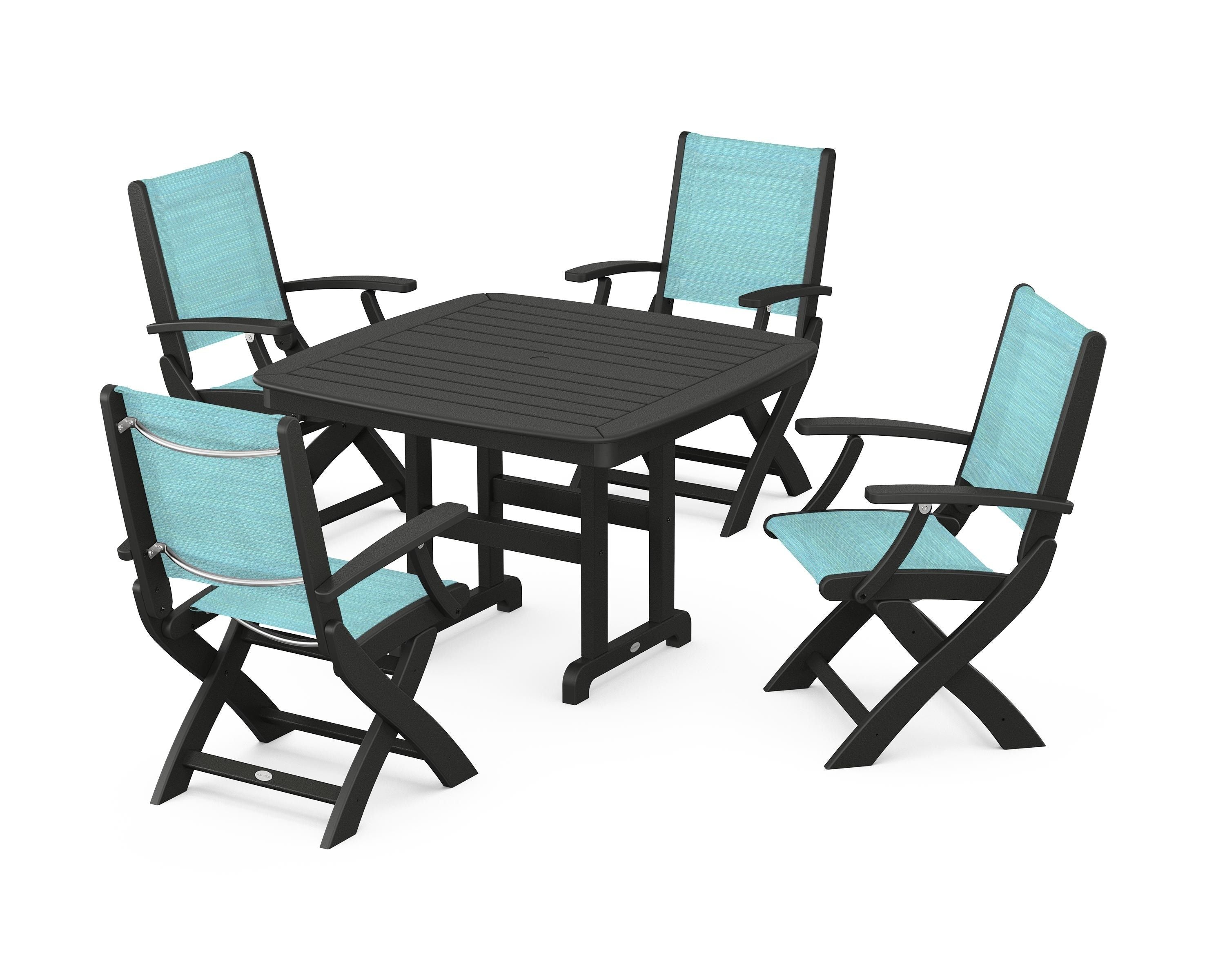 POLYWOOD® Coastal Folding Chair 5-Piece Dining Set in Black / Dupioni Aquamarine Sling