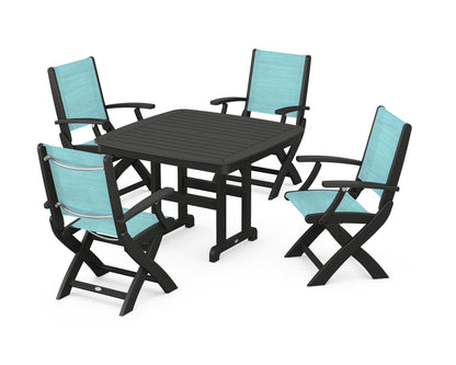 POLYWOOD® Coastal Folding Chair 5-Piece Dining Set in Black / Dupioni Aquamarine Sling