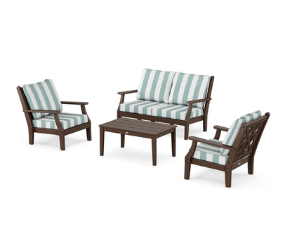 Country Living Wovendale 4-Piece Deep Seating Set with Loveseat in Mahogany / Cabana Stripe Glacier Spa