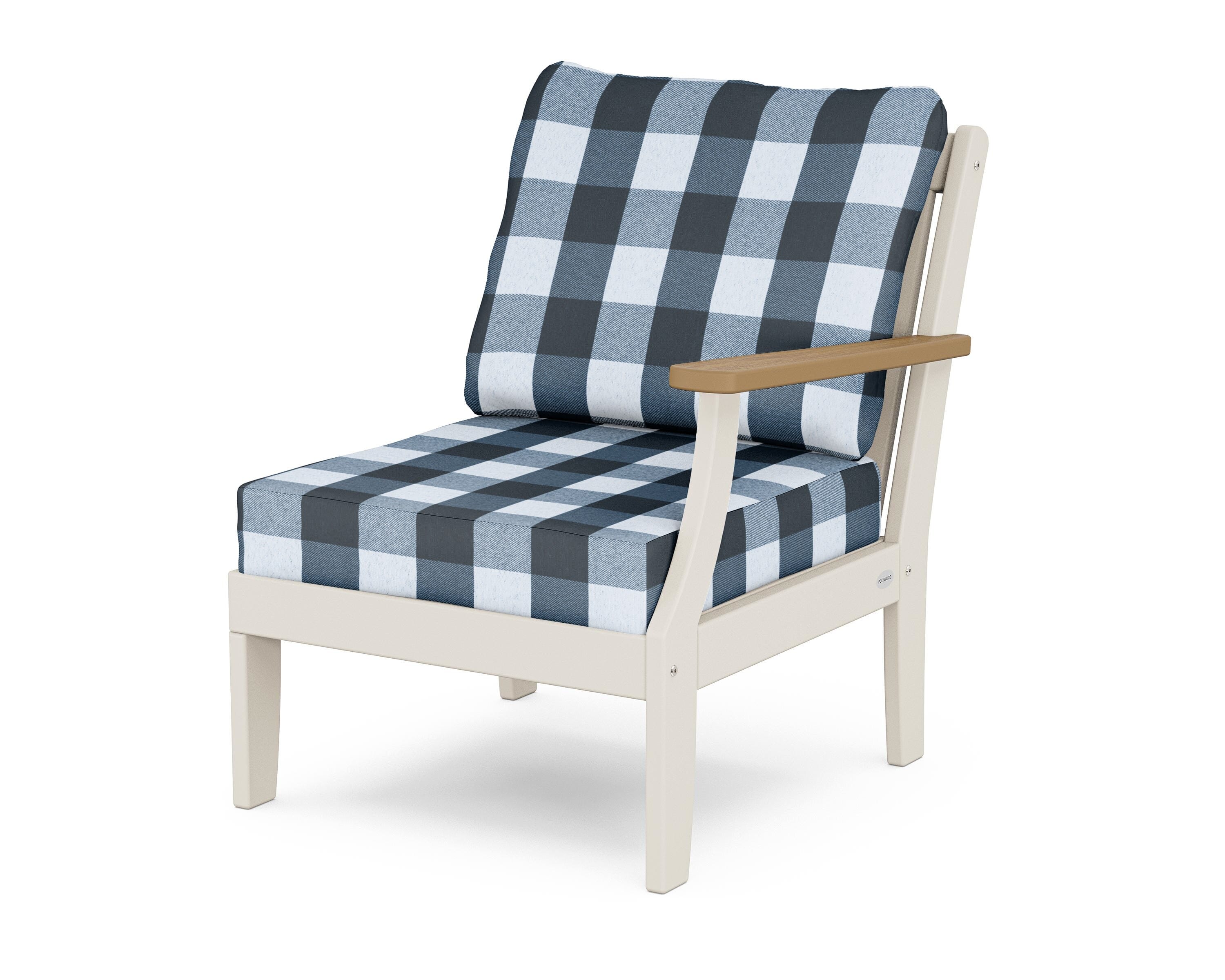 POLYWOOD® Braxton Modular Right Arm Chair in Sand / Natural / Buffalo Plaid Marine Indigo