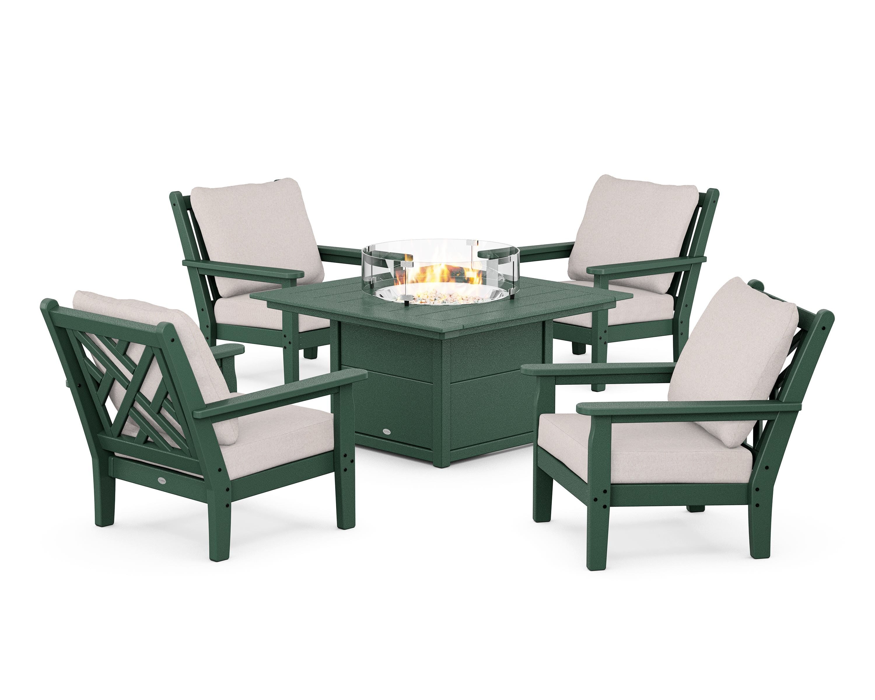 POLYWOOD® Chippendale 5-Piece Deep Seating Set with Fire Pit Table in Green / Dune Burlap